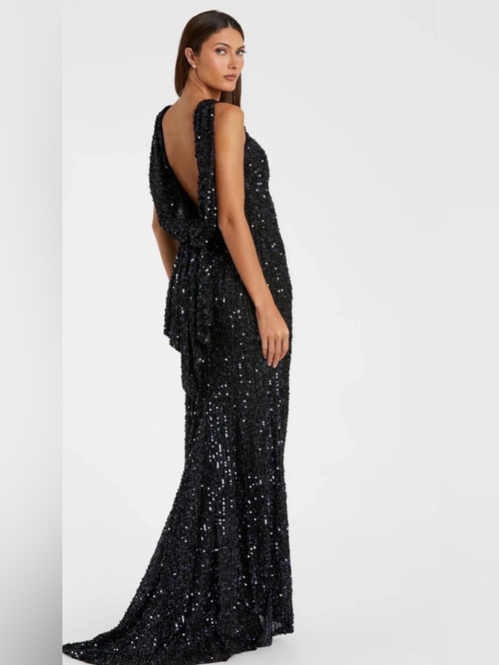 Ieena Sequined Sleeveless Draped Cowl Back Elegant Black Sequin Evening Gown NWT - Picture 3 of 8